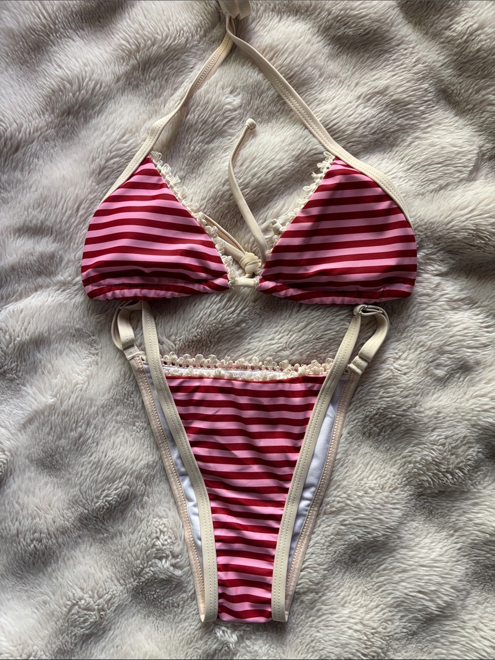 Hollister Pink & Red Striped Lace-Trim Triangle Bikini